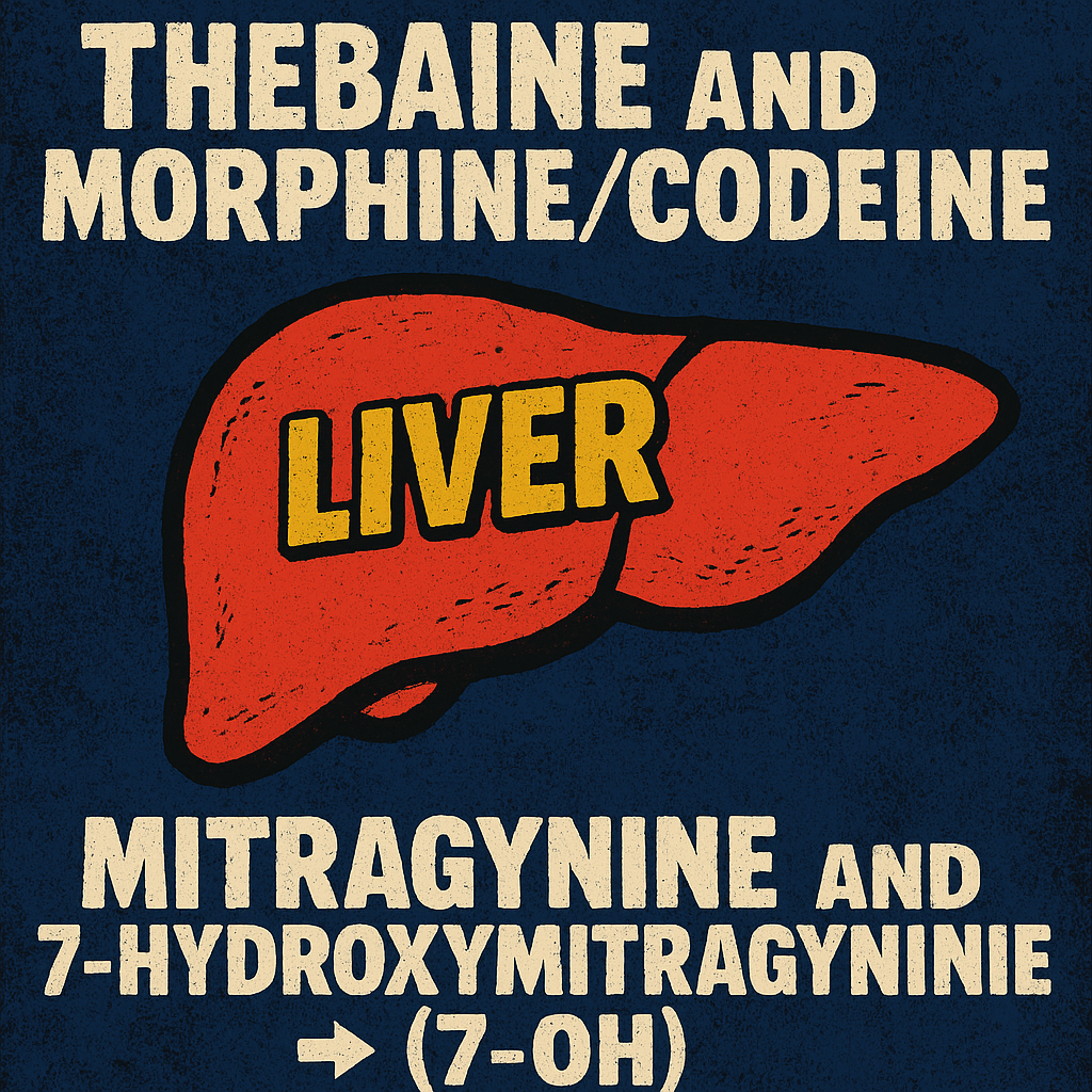 Sensational editorial illustration showing the liver converting Thebaine into Morphine and Codeine, and Mitragynine into 7-OH