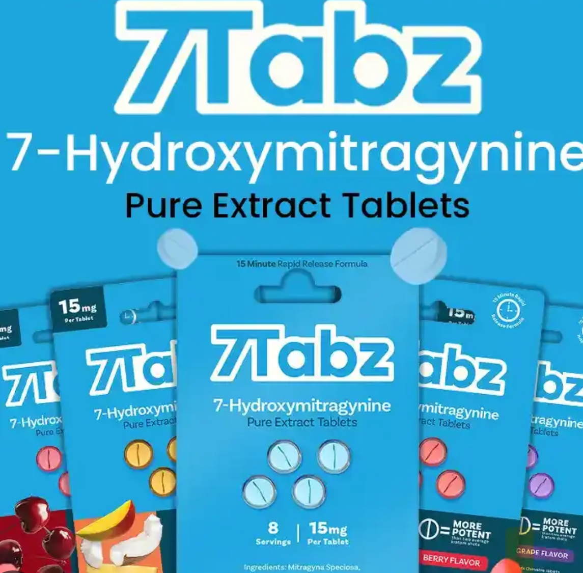 Colorful kratom capsule bottles and display boxes highlighting 7-hydroxymitragynine content
