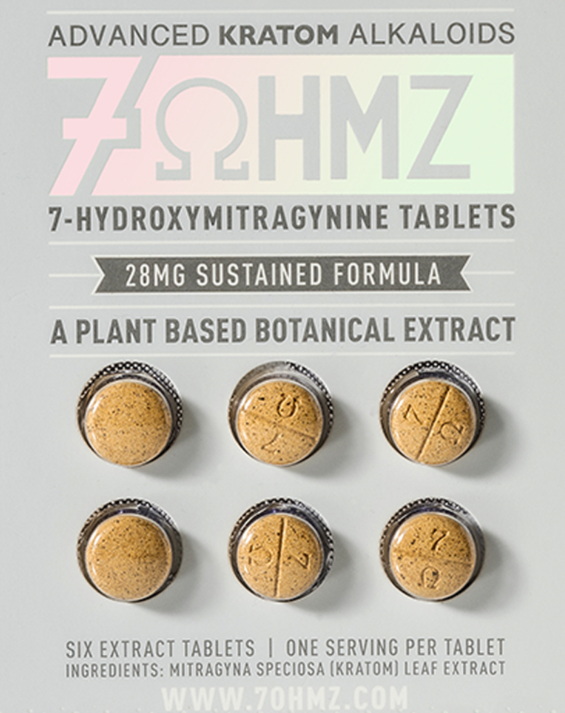 Bottled kratom tablets marketed as natural energy supplements containing 7-hydroxymitragynine (7-OH)