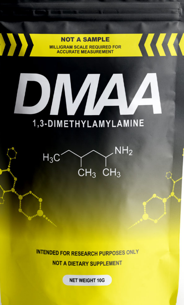 Black and yellow DMAA chemical packaging labeled not a dietary supplement, showing 1,3-dimethylamylamine molecular structure