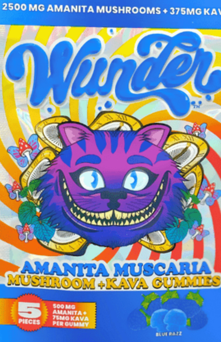 Amanita muscaria + kava gummies with cartoon label