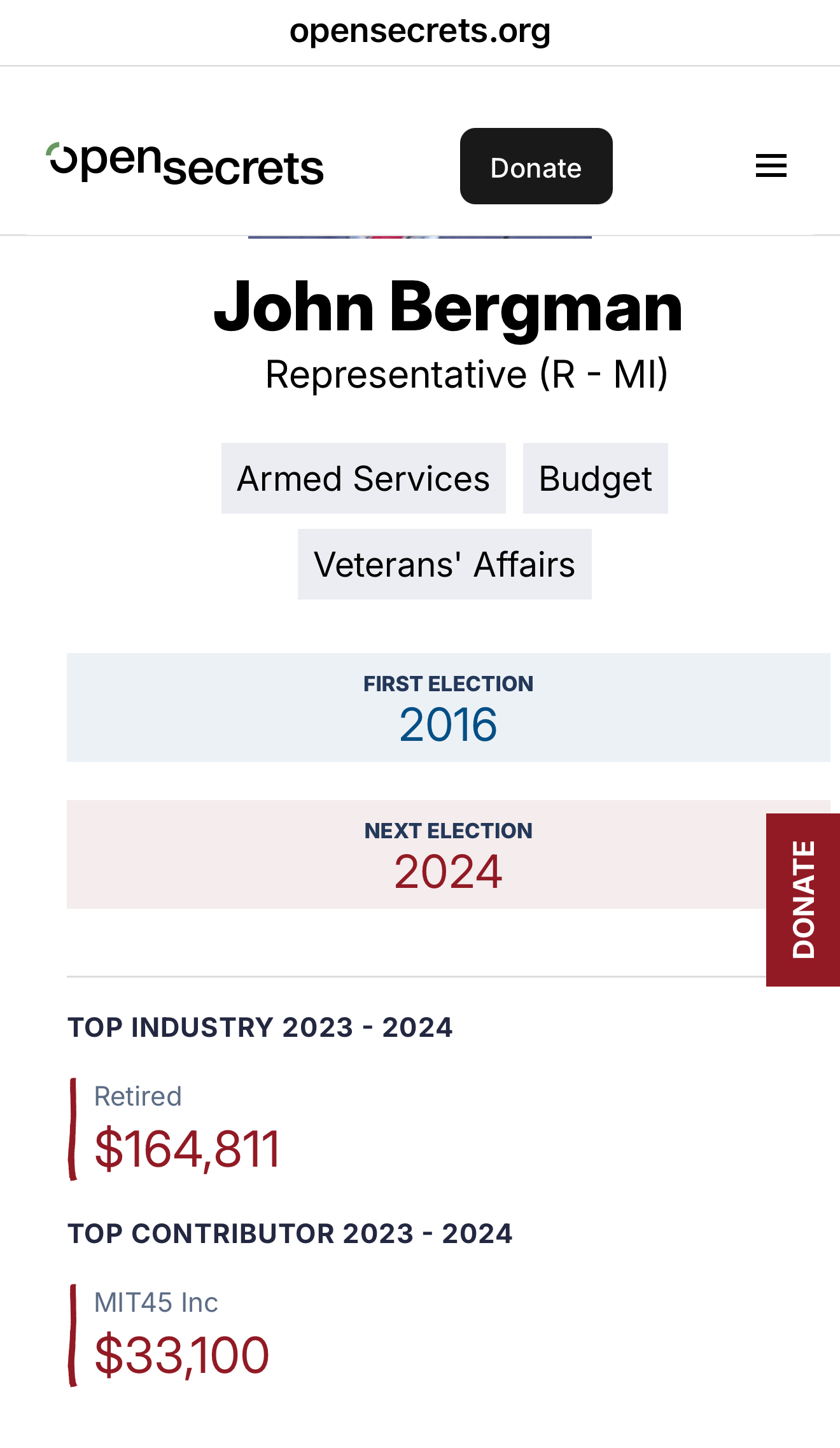 Campaign finance record showing MIT45 Inc. as a top contributor to Rep. Jack Bergman