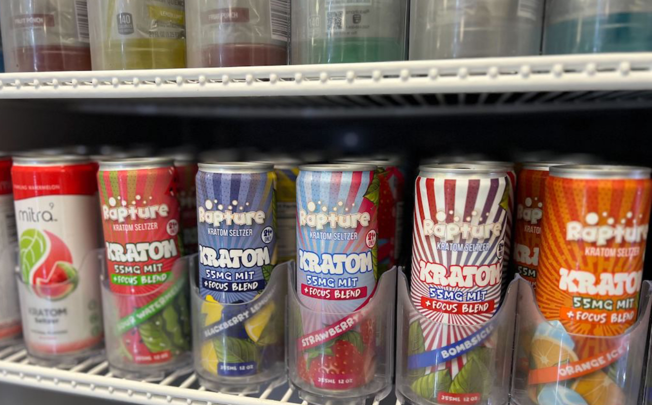Kratom seltzer cans displayed like energy drinks