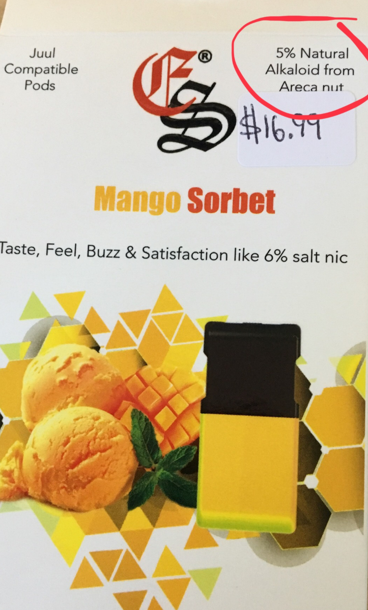 Mango sorbet JUUL-compatible pod with 5% natural alkaloid from areca nut