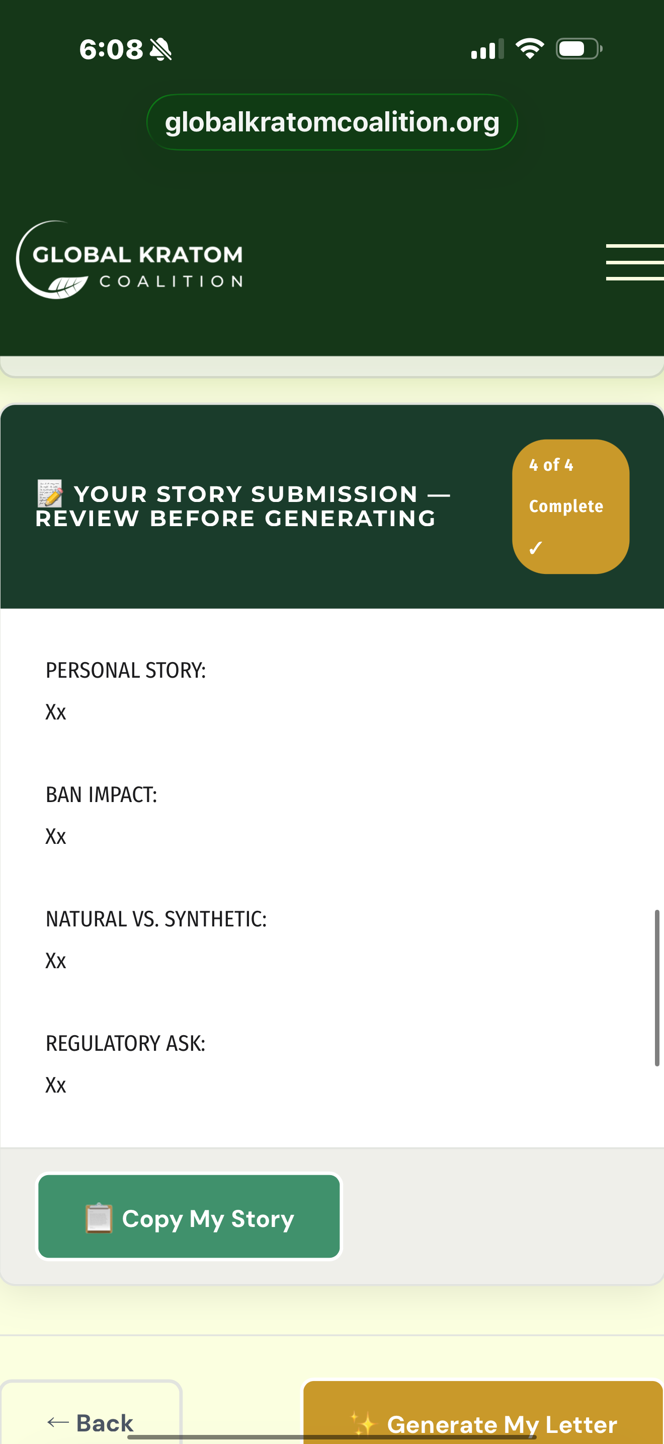 Review screen showing Xx placeholders