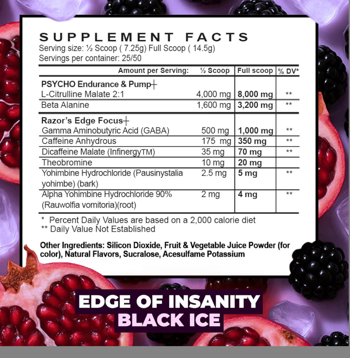 Supplement facts for EDGE of INSANITY pre-workout