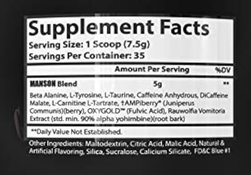 Supplement facts for MANSON pre-workout