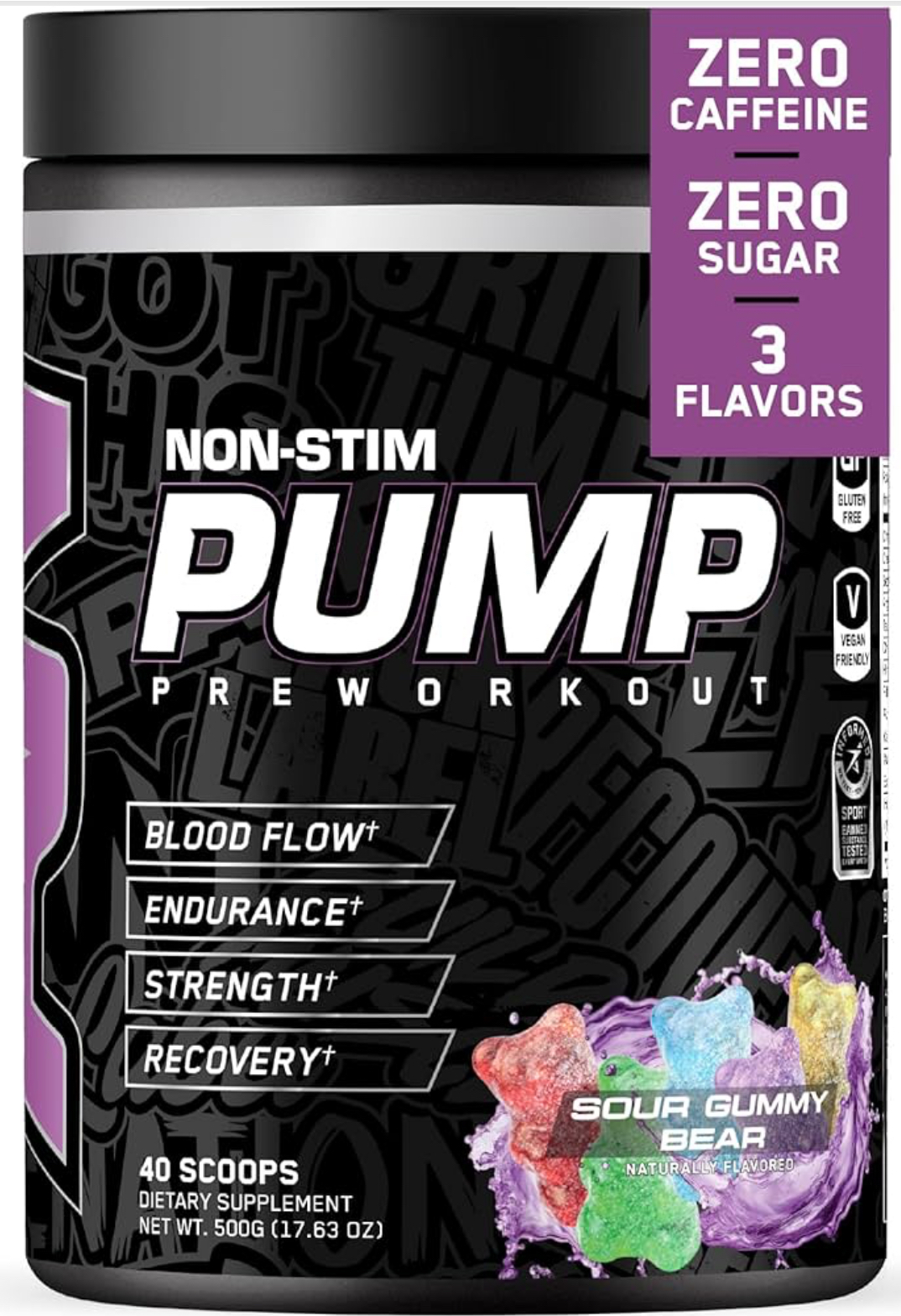 Non-Stim Pump Sour Gummy Bear pre-workout container