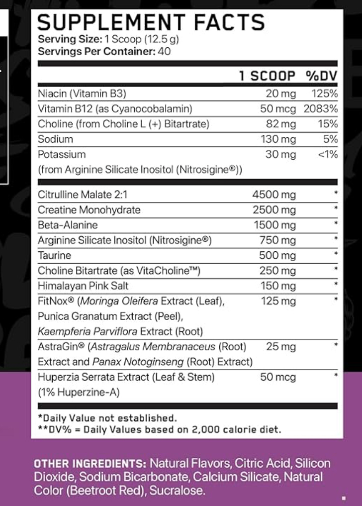 Supplement facts for Non-Stim Pump pre-workout