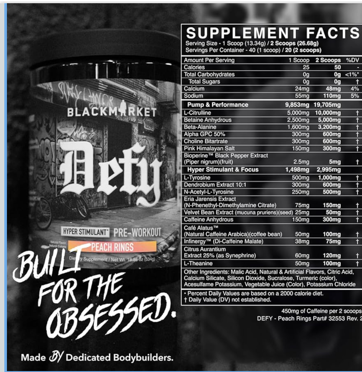 Blackmarket DEFY hyper stimulant pre-workout banner and facts